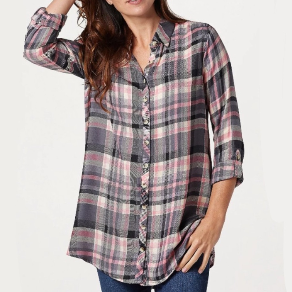 Tolani Pink Gray Plaid Print Back Button Front Tunic Top Relaxed Fit Shirt - Picture 6 of 10